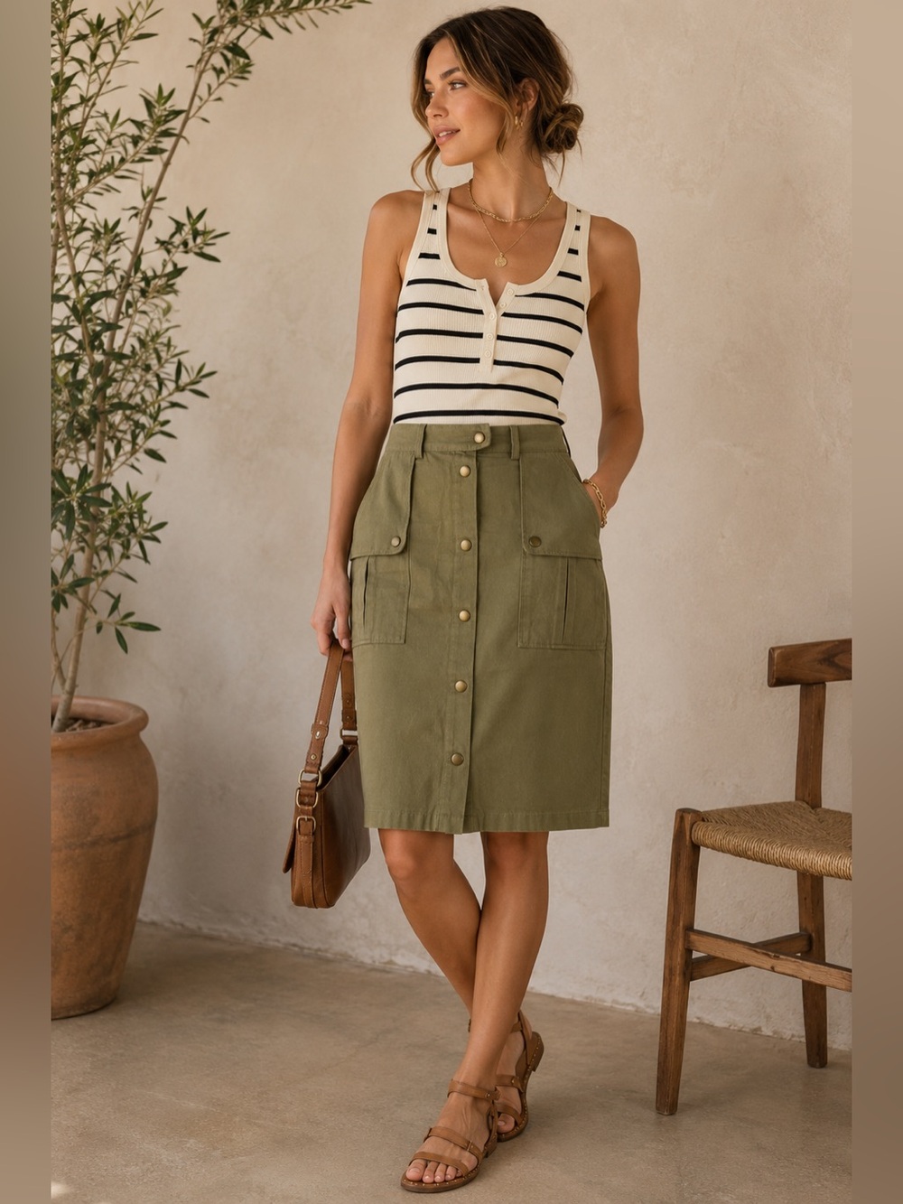 Anthropologie Isla Maude Olive Green Utility Safari Button Front Pencil Skirt‎